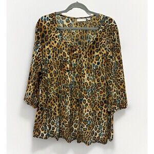 Susan Graver Shirt Womens 2X Liquid Knit Stretch Top Leopard Animal Pleated 3/4